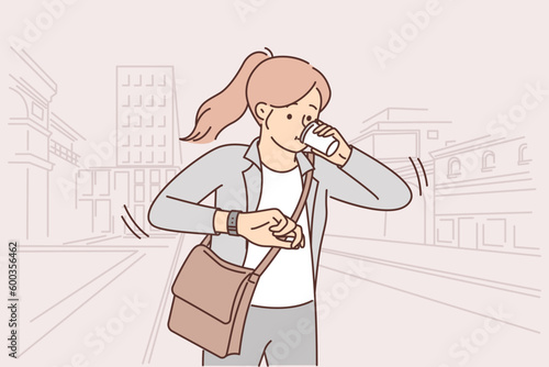 Woman looks at watch, hurries to important meeting and runs through streets of city drinking coffee