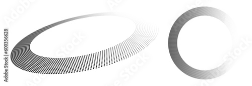 Halftone dots in circle form. Perspective and top view to design element.