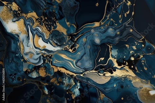 Abstract dark blue background with golden foil. Artificial stone texture  fake agate  trendy marbled wallpaper  digital marbling illustration  Generative AI