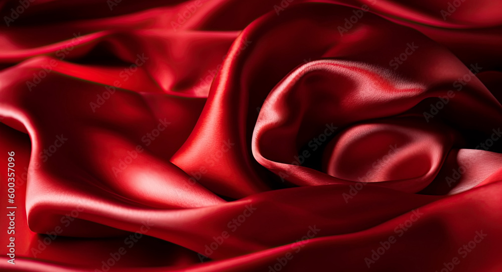 Fototapeta premium red fabric background with texture of wavy smooth silk cloth. Generative AI illustration
