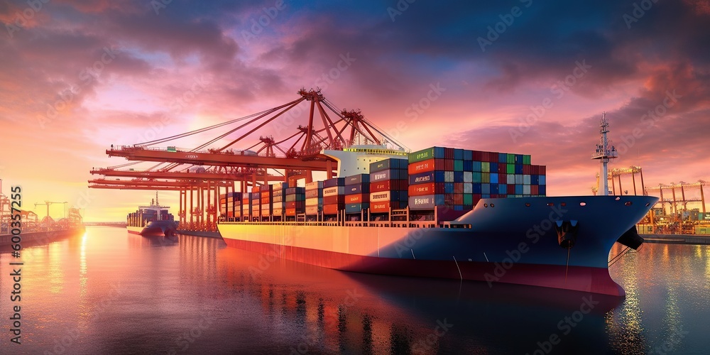 Container Ship Docked at Port during Sunset. Transportation, Cargo, and Shipping Industry. Generative AI illustrations Container Ship Docked at Port during Sunset. Transportation, Cargo, and Shipping Industry. Generative AI illustrations
