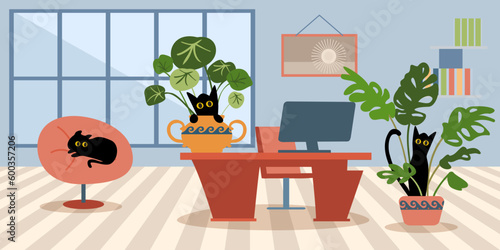 Office facilities with wooden floors and design isolated cartoon vector illustrations set. 24 hour smart office access, biophilic office space, pet-friendly modern workplace. Place for cats and dogs a photo