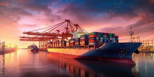 Container Ship Docked at Port during Sunset. Transportation, Cargo, and Shipping Industry. Generative AI illustrations