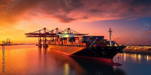 Container Ship Docked at Port during Sunset. Transportation, Cargo, and Shipping Industry. Generative AI illustrations © Thares2020