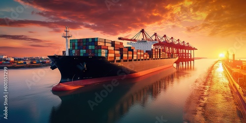 Wallpaper Mural Container Ship Docked at Port during Sunset. Transportation, Cargo, and Shipping Industry. Generative AI illustrations Torontodigital.ca