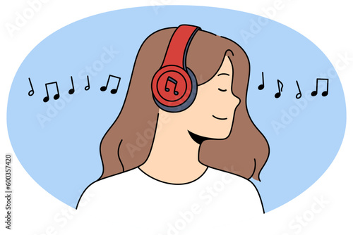 Side view of happy relaxed girl in wireless headphones listen to music. Smiling young woman in modern earphones enjoy good quality sound on gadget. Technology. Vector illustration.