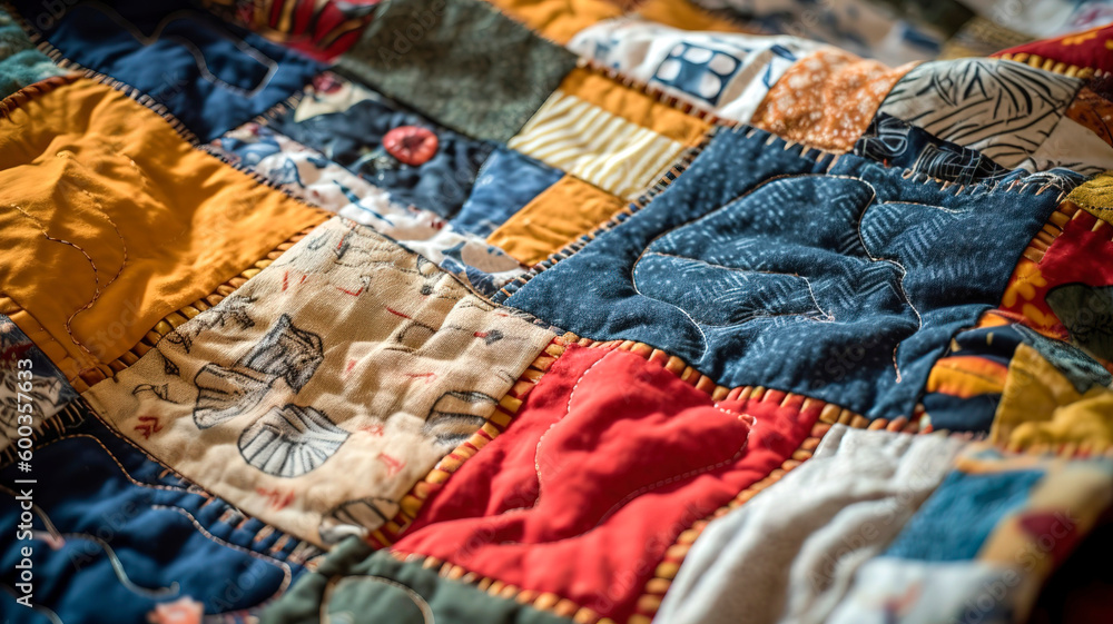 Handmade quilt with various fabric patches, symbolizing the unique blend of personalities, stories, and backgrounds within a family.