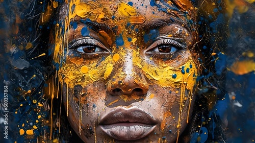 Blue and Yellow paint splatter on ladies face made Ai generative technology, The person in the illustration is fictional