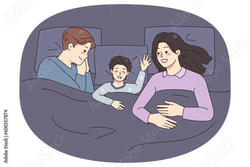 Happy young family with small kid sleep together in bed at home. Smiling parents relax take nap with little child. Childcare and parenthood concept. Flat vector illustration.