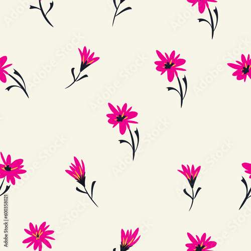 Seamless pattern  cute pink flowers ditsy print. Hand-drawn plants. Vector illustration