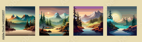 Print op canvas Banner set Epic landscape forest water, river sunset against backdrop mountains