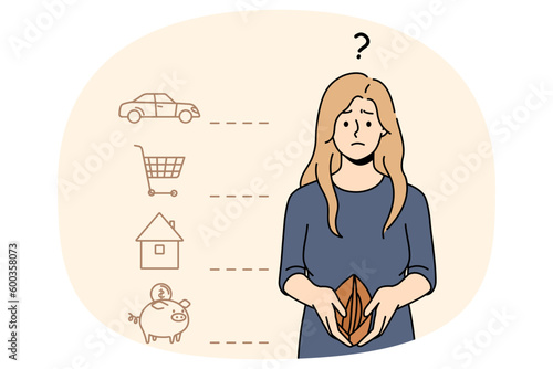 Unhappy confused woman with empty wallet think of monthly payment. Frustrated female distressed with bills and taxes pay suffer from financial crisis or debt. Bankruptcy. Vector illustration.