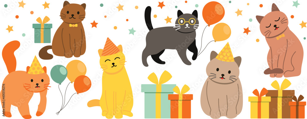 Happy birthday concept animal vector set. Collection of adorable pet, cat, balloon, gift. Birthday party funny animal character illustration for greeting card, invitation, kids, education, prints. - obrazy, fototapety, plakaty 