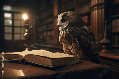Illustration of an old owl reading a book in a library. Generative AI