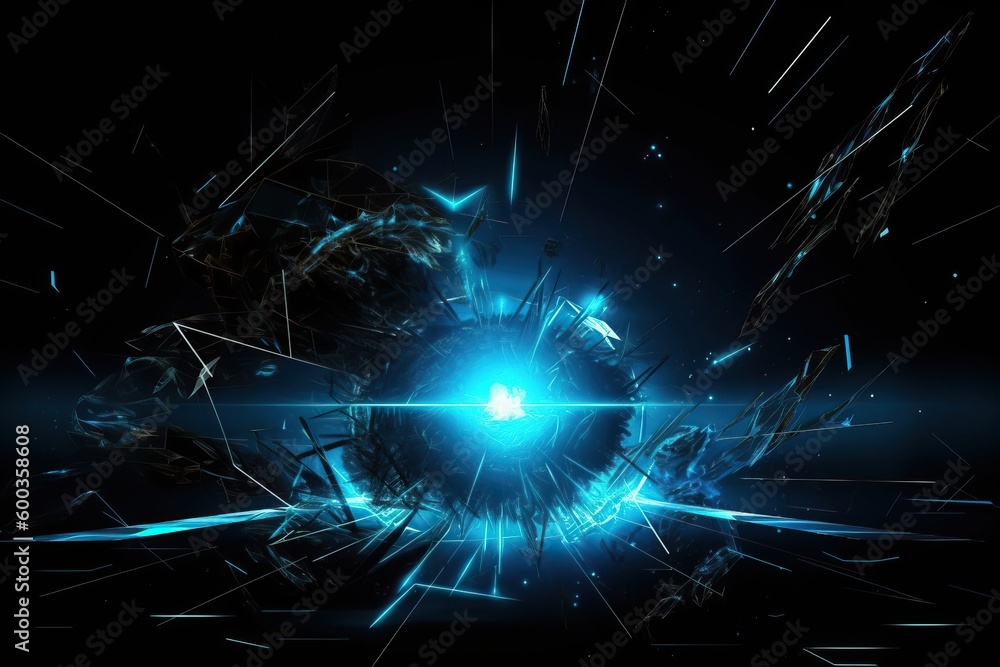 Abstract blue sphere that cracks on a black background, generative AI. Abstract blue sphere that cracks on a black background, generative AI.