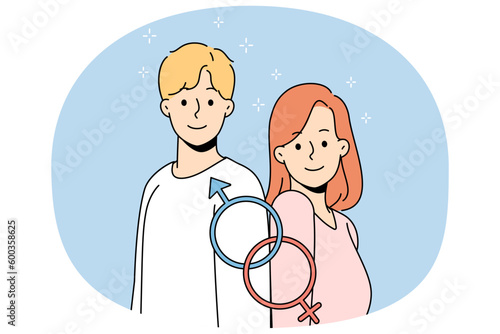 Portrait of smiling young man and woman with gender identity signs. Joint mars and venus symbols. Concept of equality, discrimination and diversity. Flat vector illustration.