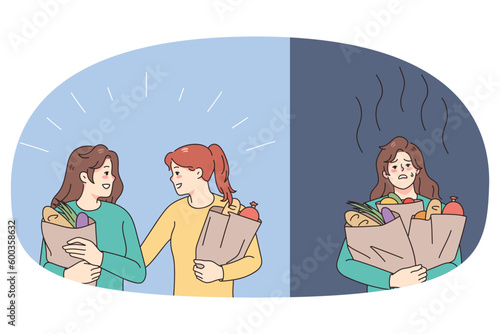 Personal assistant help tired woman with grocery shopping. Smiling caring helper assist exhausted housewife with household chores. Homework and assistance concept. Vector illustration.