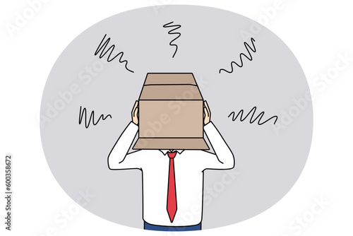 Unhappy businessman hide head in box feel ashamed of people or society struggle with business failure or loss. Distressed man experience bankruptcy or mistake hiding. Vector illustration.