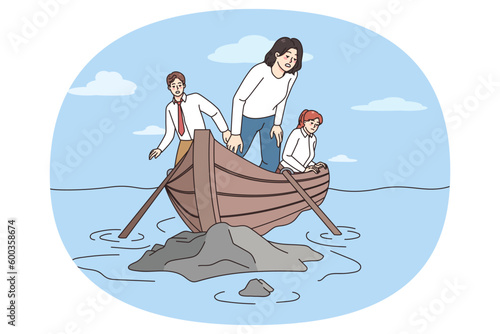 Team of employees in boat crash on rock in sea struggle with group difficulties or challenges. Businesspeople collide with problems at work. Business failure and teamwork. Vector illustration.