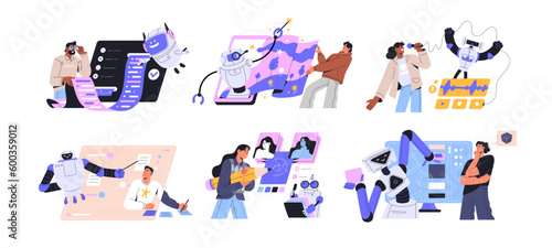 Neural networks and artificial intelligence concept set. Automation, futuristic robot assistant, machines, AI technologies helping at work. Flat vector illustrations isolated on white background