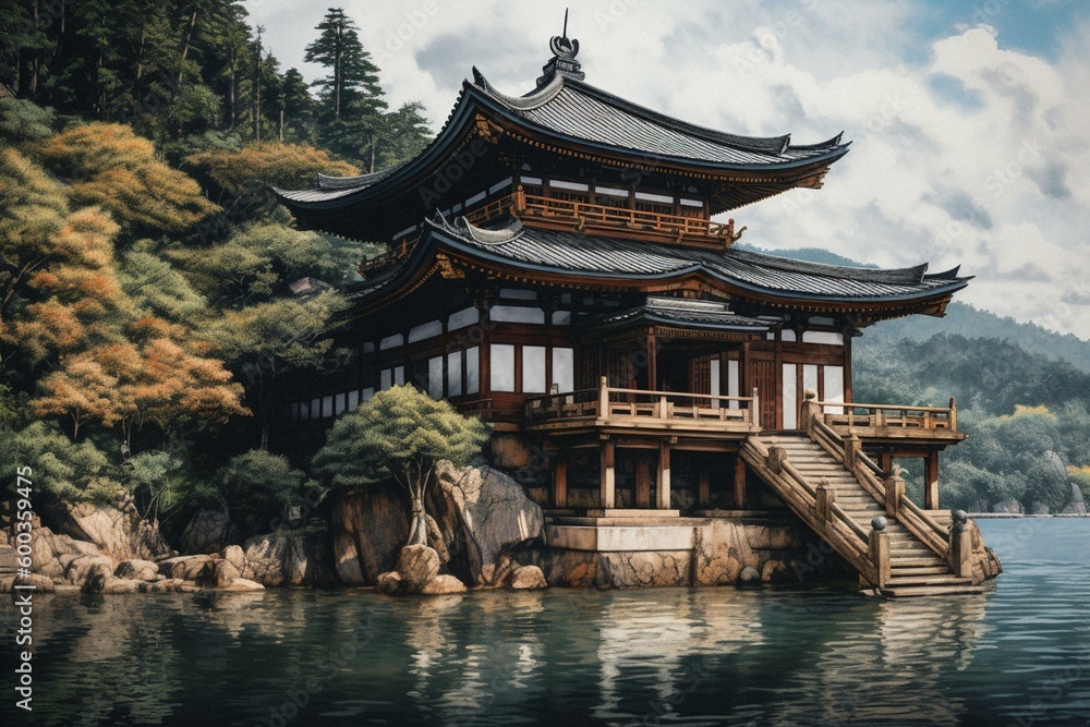 Watercolor painting of a Japanese temple by the water in a natural landscape. Generative AI