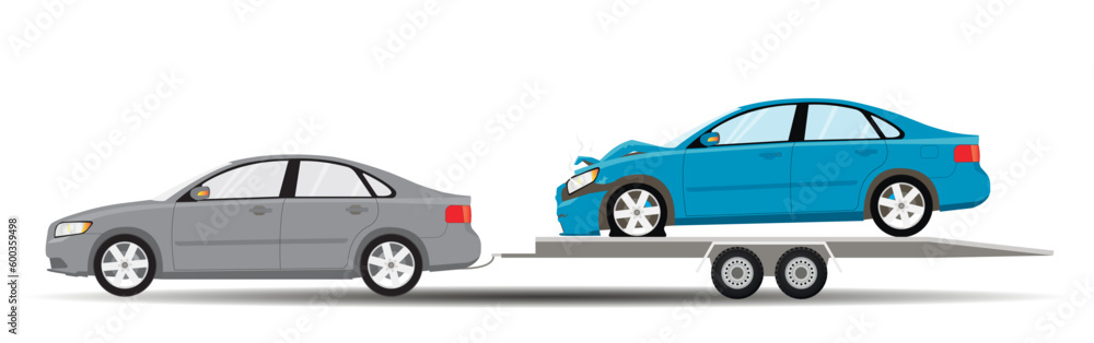 A passenger car with a trailer carriage transports an emergency vehicle. Flat vector illustration.