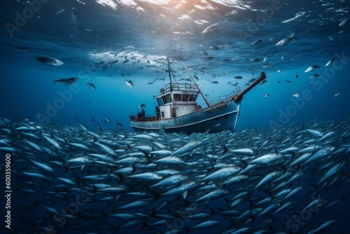 Fishing boat at sea with a large school of fish and sea animals in the underwater world. Generative AI