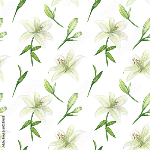 Delicate pattern with white lilies. Perfect for textile, fashion, invitation, wallpapers and home decor.