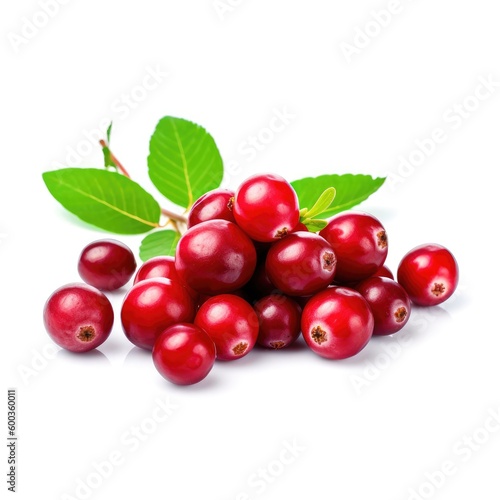 A pile of fresh organic ripe raw red cranberries and green leaves with white background Generative AI Illustration