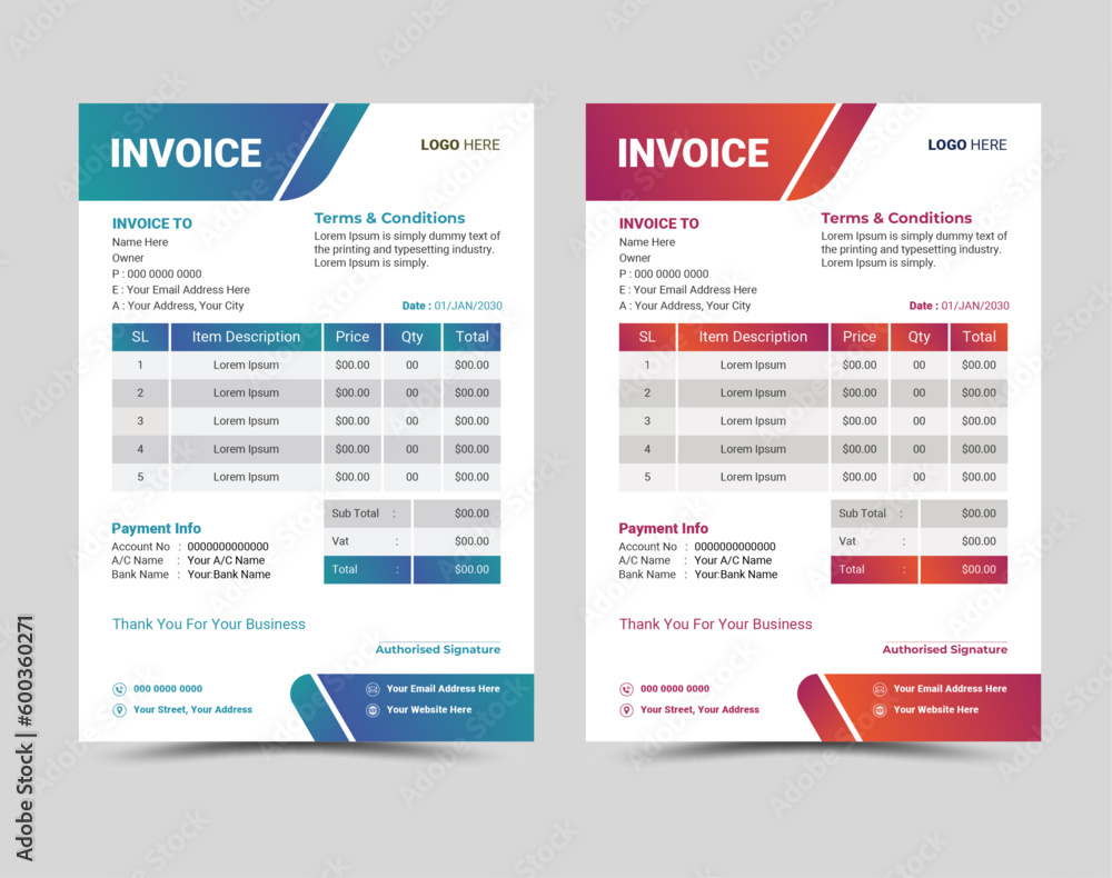 Vector professional and modern invoice template design. Vector professional and modern invoice template design.