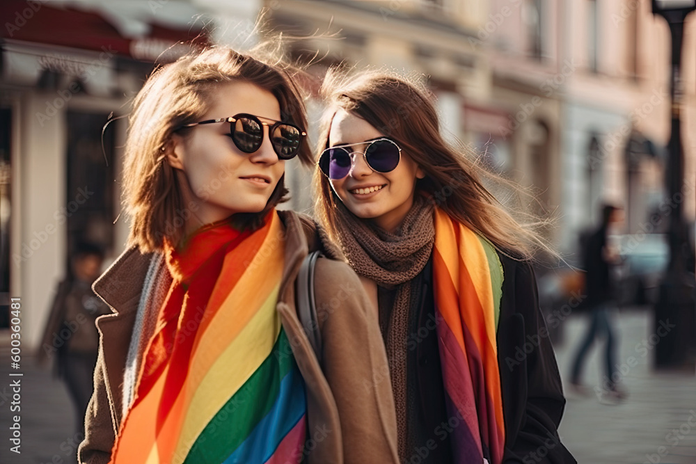 Happy women couple with LGBT Rainbow Flag on the city street background. Parade. Generated Ai Happy women couple with LGBT Rainbow Flag on the city street background. Parade. Generated Ai