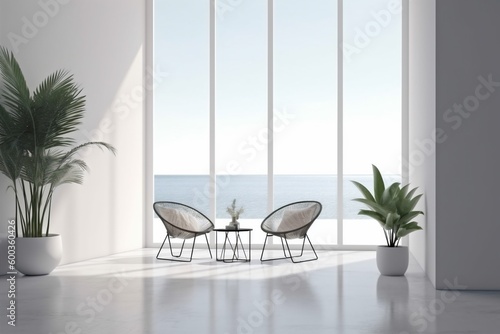 apartment wall floor window interior design home chair indoor empty plant. Generative AI.
