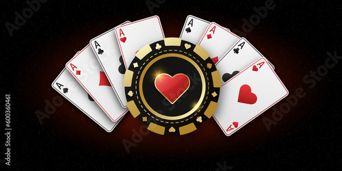 Realistic playing chip with the suit of hearts, gambling tokens. Fans of playing cards ace of all suits. The concept of playing poker or casino. Gambling banner for web application or site. 
