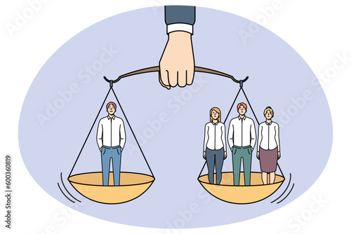Businessman hand hold scales with one man weight same as group of people. Employees team and separate worker balance on weighs. Inequality of rights and power. Vector illustration.