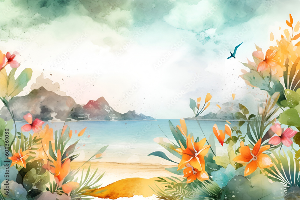 Watercolor illustration of a summer beach with flying bird background. Generated AI