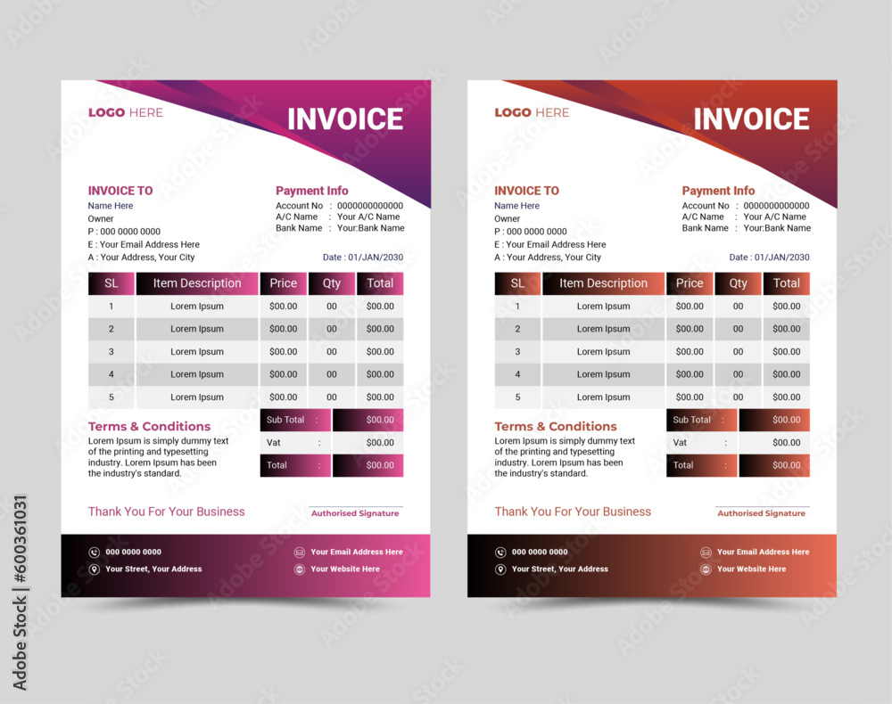 Vector professional and modern invoice template design. Vector professional and modern invoice template design.