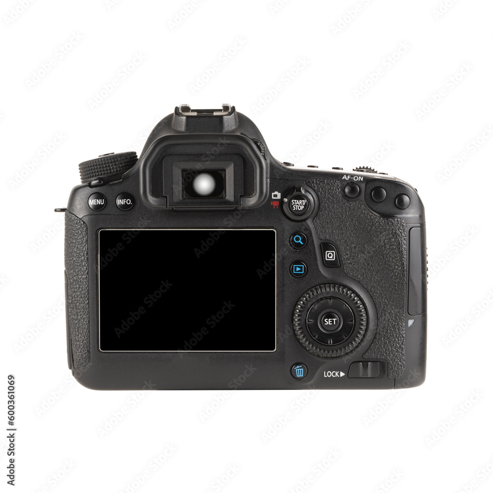Back view of modern DSLR camera isolated on a white background Back view of modern DSLR camera isolated on a white background
