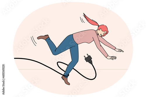 Clumsy woman stumble with power cable falling on floor. Graceless female fall down having injury or trauma because of accident. Caution or warning. Risk and challenge concept. Vector illustration.