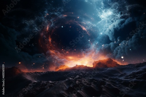 Beautiful galactic space landscape with nebulae, blackhole, stardust and deep halo. Generative AI