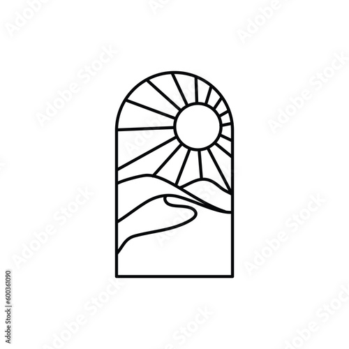 Mountains logo design with a lined landscape and sunset in an arch doorway shape. Vector illustration design
