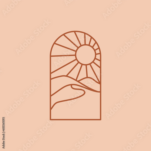 Mountains logo design with a lined landscape and sunset in arch doorway shape. Vector illustration design

