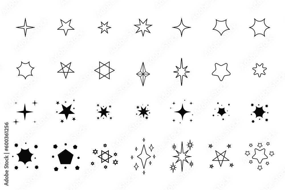 Set of hand-drawn doodle illustrations of sparkle stars
