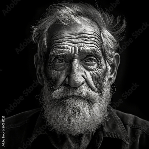 A black and white portrait of an old man with dramatic - Generated by AI