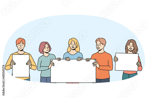 Diverse people protesters with mockup placards on manifestation or protest. Men and women activists with banners or signs on street demonstration or revolution. Vector illustration.