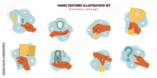A set of miniatures with hand gestures. The characters' hands point to a question mark, hold a horse, hold a trophy cup, a castle and other items. Business concept. Vector illustration.