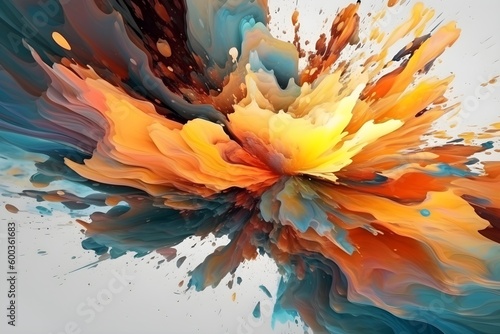 abstract paint art exploded from the center of the picture. Clean clear background. Futuristic style with some texture