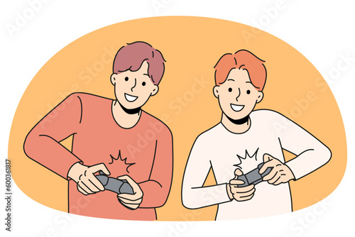 Happy guys playing video games holding joysticks. Smiling men gamers have fun together enjoy console videogame on TV or computer. Leisure time and relaxation. Vector illustration.