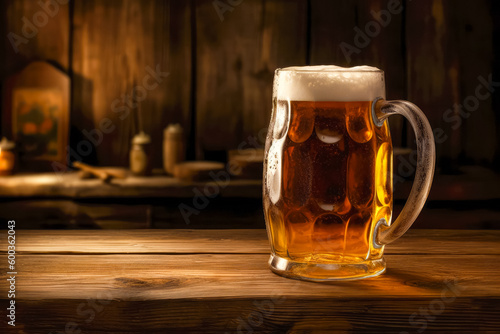 Beer glass with white beer foam on a wooden table background. Ai generated