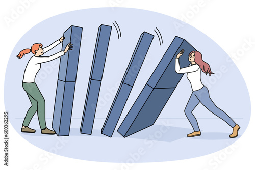 Businesswoman hold domino prevent from falling down. Concept of domino effect and chain reaction. Risky business project or idea, financial company crisis. Flat vector illustration.