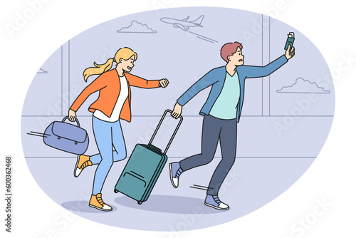 Worried couple tourists run in hurry for plane in airport. Man and woman travelers in rush not to miss flight going to vacation or trip. Travel and tourism concept. Vector illustration.